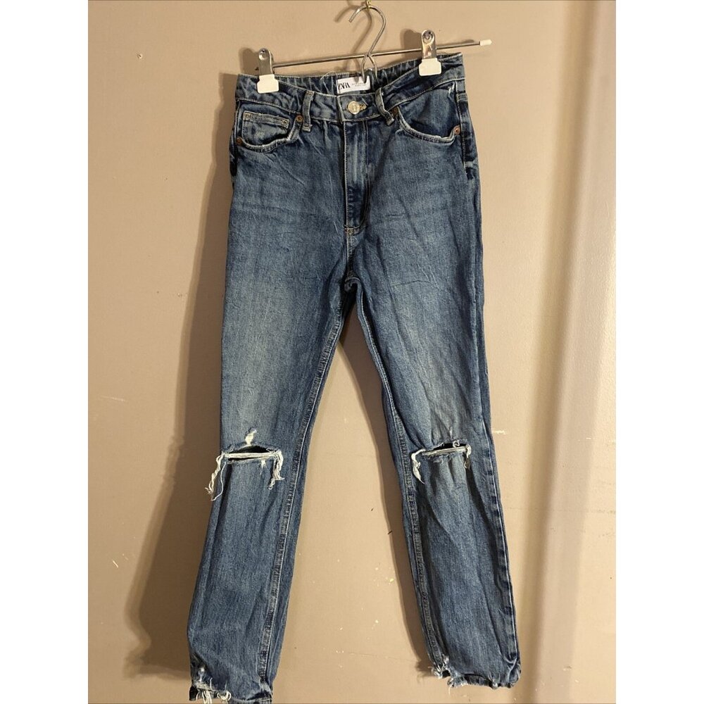 Zara Sz 6 Waist 28" Straight Leg Cotton Blue Jeans Distressed Stone Wash
